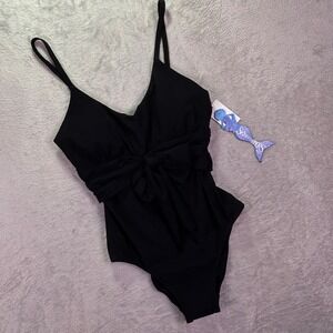Skinny Dippers Women's One Piece Swimsuit Sz S Black Kate Front Tie‎ Bow